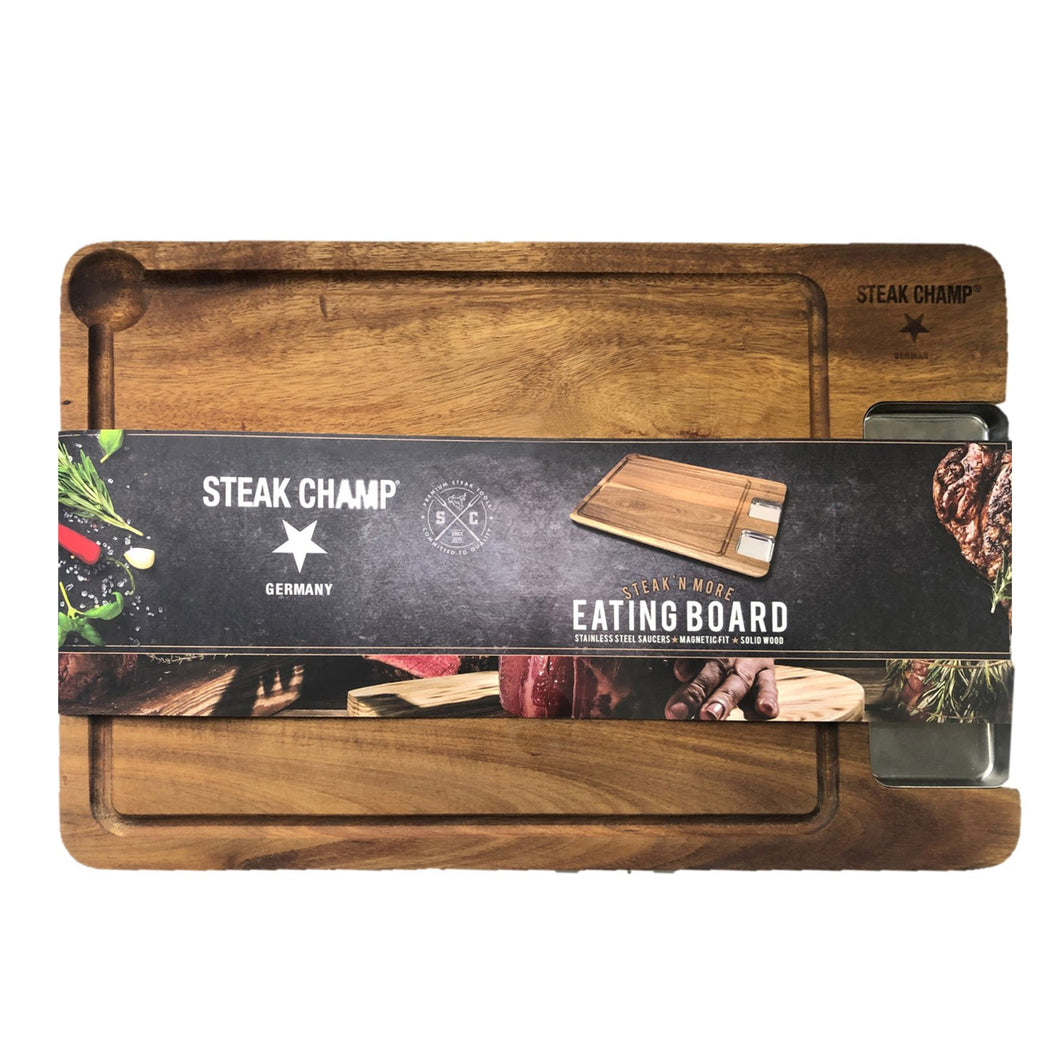 Steak Champ Premium Servierbrett mit Sauciere, Essbrett aus Akazie mit Edelstahl Sauciere & Saftrille, 42 cm x 27 cm